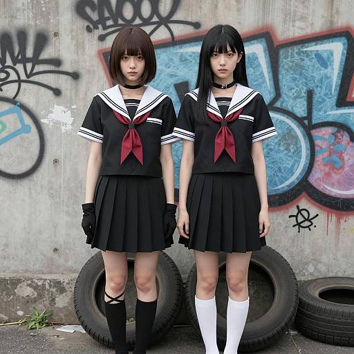 Japanese Schoolgirls in Urban Graffiti Setting