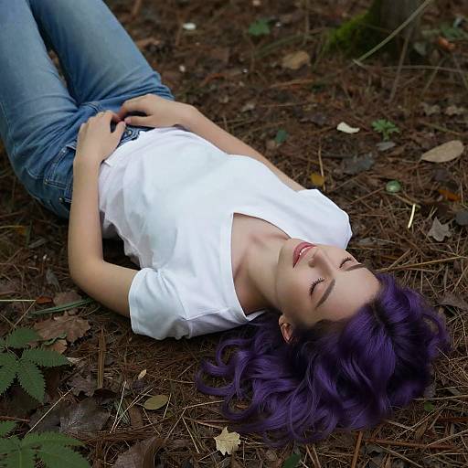 Photograph of a young woman with purple hair, lying on forest floor, wearing white shirt and blue jeans, eyes closed, relaxed.