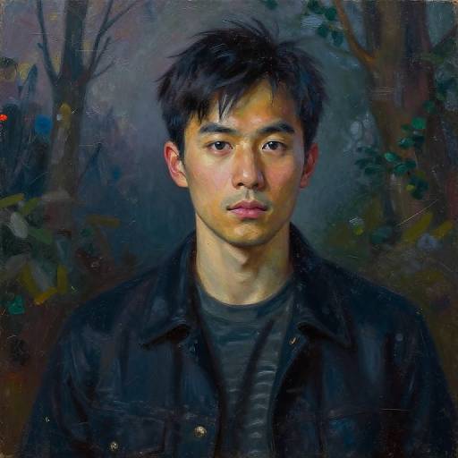 Digital painting of a young Asian man with short black hair, wearing a black jacket over a dark shirt, against a moody forest background.