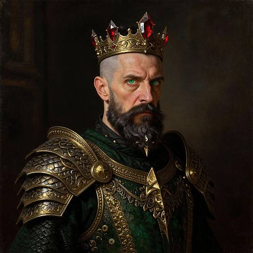 Photograph of a stern, bearded king with a bald head, wearing a gold and red jeweled crown, and ornate medieval armor. Dark