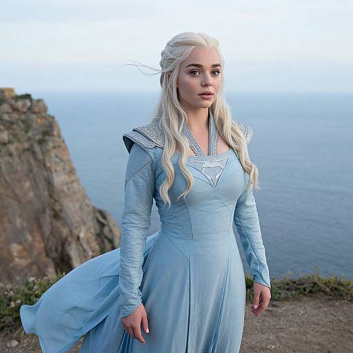 Photograph of a young woman with long, wavy platinum blonde hair, wearing a light blue, long-sleeved, medieval-style dress, standing