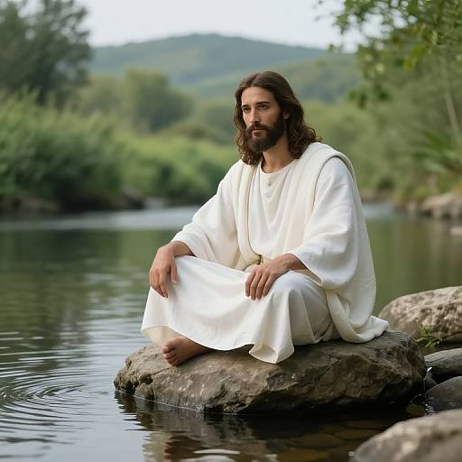 Photograph of a bearded man with long brown hair, wearing a white robe, sitting on a rock by a calm river, surrounded by lush green