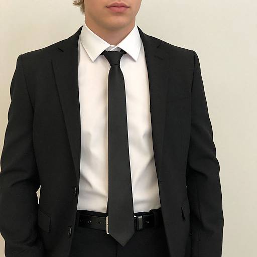 Photograph of a young man from the chest down, wearing a black suit, white dress shirt, and black tie, with a black belt, against