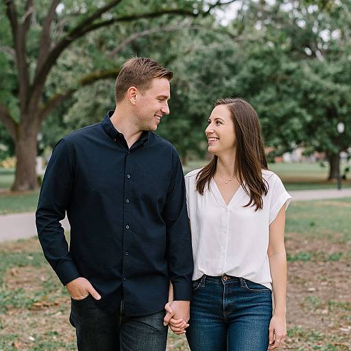 Photograph of a smiling couple holding hands in a park; man in black shirt and jeans, woman in white blouse and jeans.