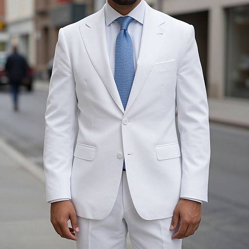 Photograph of a man in a crisp white suit with a blue polka-dot tie, standing on a city street. Background blurred, pedestrians visible.
