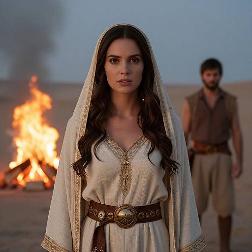 Photograph of a serious, dark-haired woman in a white, embroidered veil and dress with a brown belt, standing in front of a burning fire,