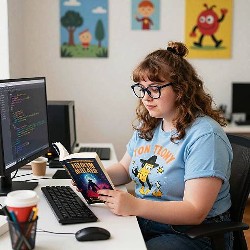 Photograph of a curly-haired, glasses-wearing woman in a light blue 