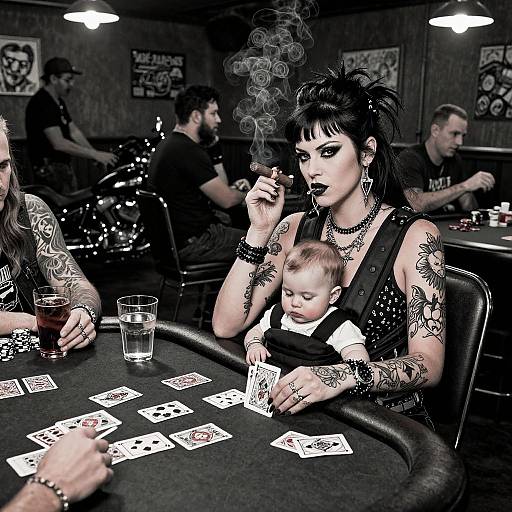 Gothic woman with tattoos, smoking, holding baby, playing poker in dimly lit bar. Card table, glass, other patrons in background. Phot
