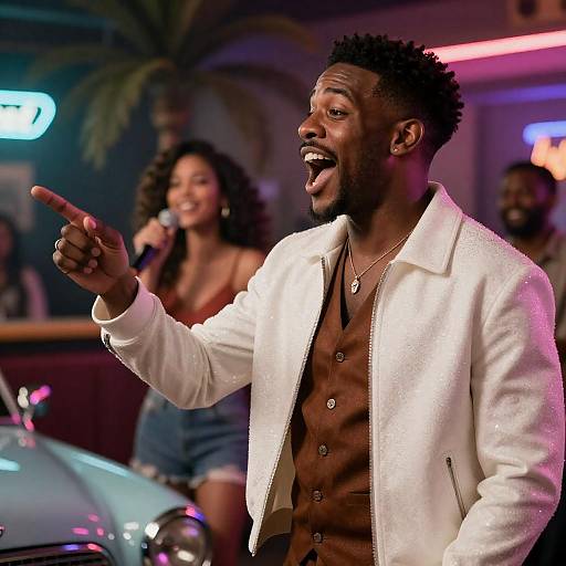 Black Male Singer Pointing Mid-Song in Neon Bar