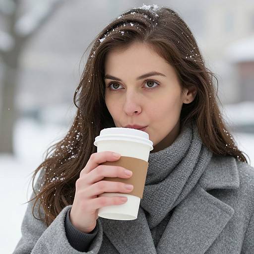 Photograph of a young woman with fair skin, brown hair, and dark eyes, sipping from a coffee cup, wearing a gray coat and scarf