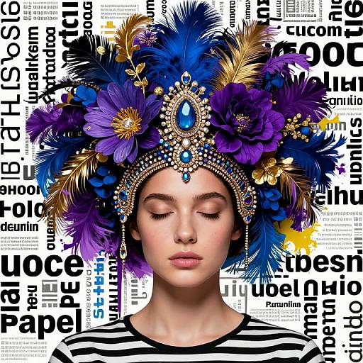 Photograph of a serene woman with closed eyes, wearing an elaborate, colorful headdress adorned with purple flowers and gold feathers, set against a white background