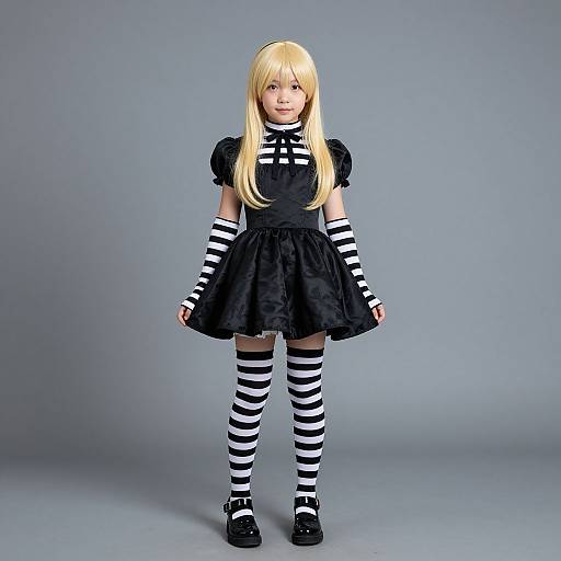 Photograph of a young girl with long blonde hair, wearing a black striped dress, matching arm sleeves, striped stockings, and black Mary Jane shoes,