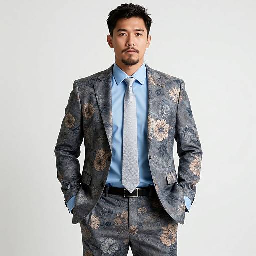 Photograph of an Asian man with short black hair and trimmed beard, wearing a floral-patterned gray suit, light blue shirt, and silver tie,