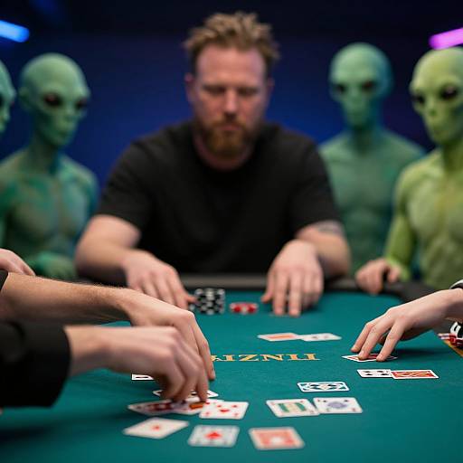 Photograph of a bearded man in a black shirt, playing poker at a green table with three green-skinned, humanoid alien figures in the background