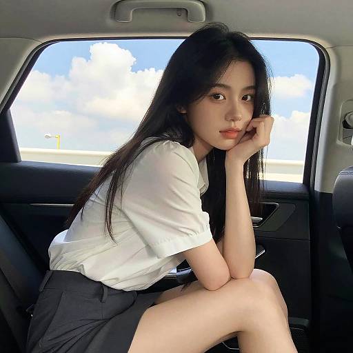 Photograph of an Asian woman with long black hair, wearing a white shirt and black skirt, sitting in a car, resting her chin on her hand
