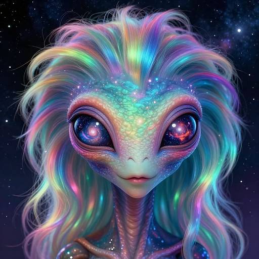 Digital artwork of a vibrant, alien creature with multicolored, iridescent fur, large, glowing purple eyes, and a textured, scaly