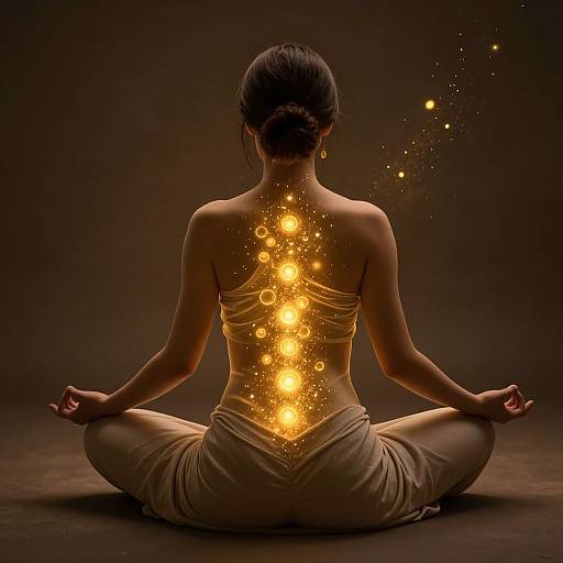 Photograph of a woman with dark hair in a bun, seated in lotus position, wearing beige yoga pants, back to camera, glowing orange ch