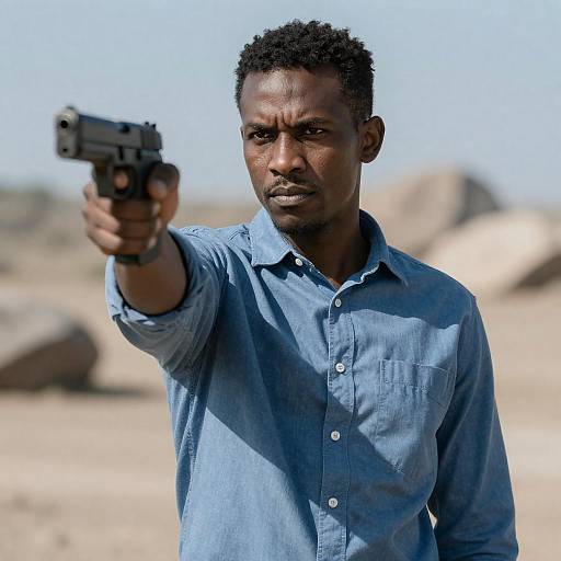 High-Contrast Man Pointing Handgun Portrait