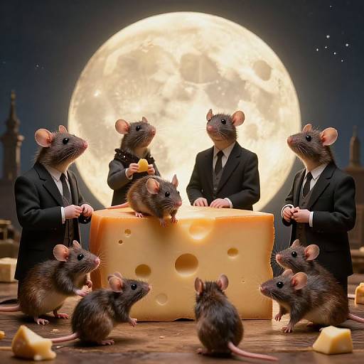 Photograph-style CGI: Six anthropomorphic mice in black suits, with one holding a cheese slice, stand around a large cheese block under a full moon