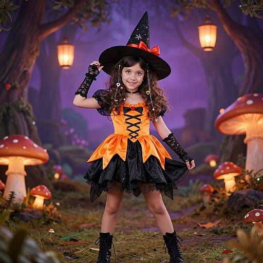 Photograph of a young girl in a Halloween costume: orange and black witch dress, black lace gloves, black boots, and hat, standing in a