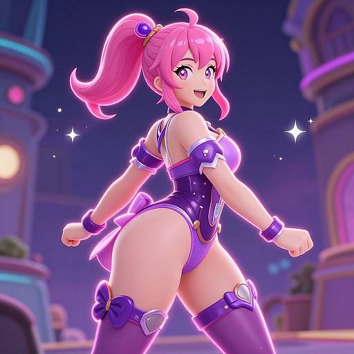 Vibrant digital anime artwork of a pink-haired, purple-outfit-wearing girl with a ponytail, smiling confidently, fists raised, in a