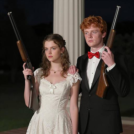 Nighttime Standoff: Focused Duo in Tuxedo