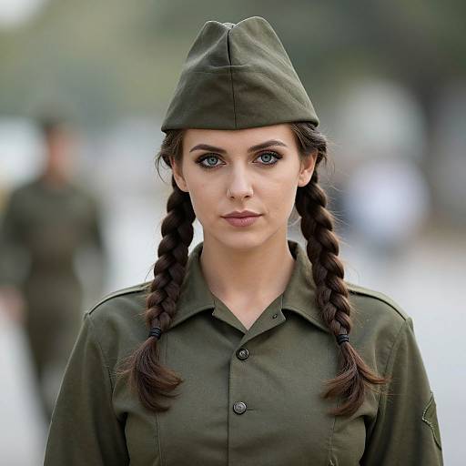 Photograph of a young woman with blue eyes, fair skin, and dark braided hair, wearing a green military uniform and hat, standing outdoors with