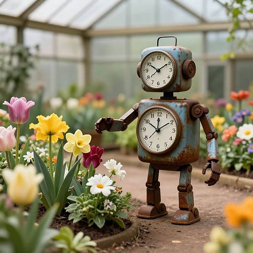 Whimsical Robot Tending Time Garden