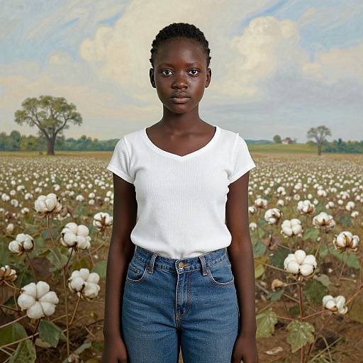 Photograph of a young Black woman with short curly hair, wearing a white ribbed t-shirt and blue jeans, standing in a cotton field under a