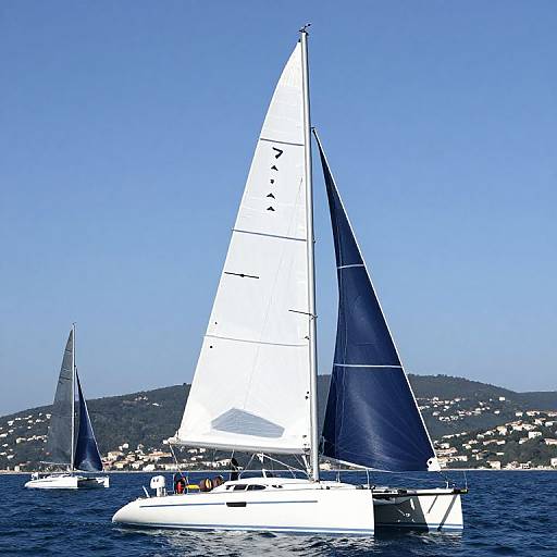 Photograph of a white sailboat with a tall, blue and white sail, sailing on a clear blue ocean near a hilly coastline.
