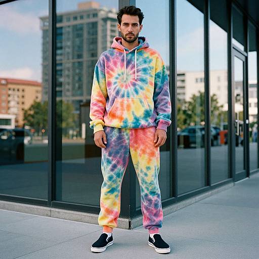 Photograph of a bearded man in a colorful tie-dye hoodie and pants, black sneakers, standing in front of glass building. Urban background with