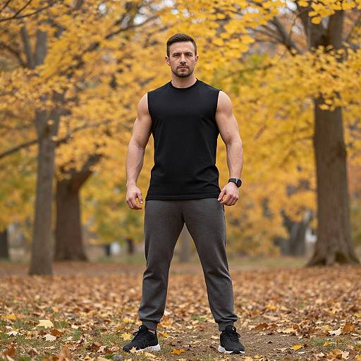 Muscular Man in Autumn Park