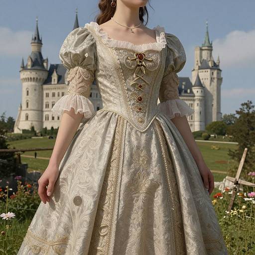 Photograph of a young woman in an ornate, silver-gold Renaissance-style dress with puffed sleeves and lace trim, standing in front of a