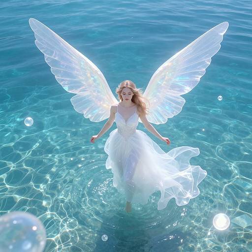 Angelic woman with glowing white wings and dress floating in crystal-clear blue water, sunlight sparkling on her wings and dress.