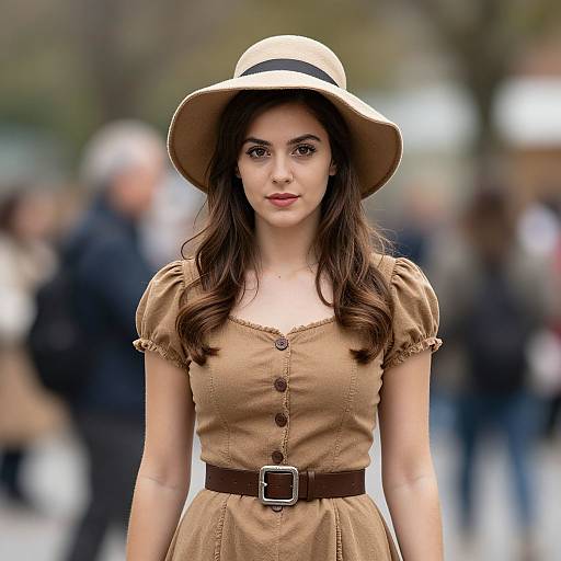 Photograph of a young woman with long brown hair, wearing a beige dress, brown belt, and wide-brimmed hat, standing in a blurred