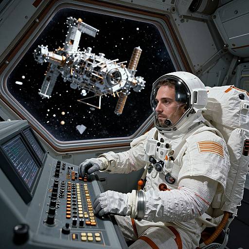 Photograph of male astronaut in white spacesuit with American flag patch, operating spacecraft controls, looking at International Space Station outside window.
