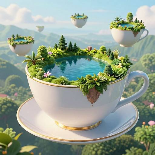 Digital artwork of a white teacup with a small pond, surrounded by lush greenery and floating islands, set against a vibrant, mountainous landscape