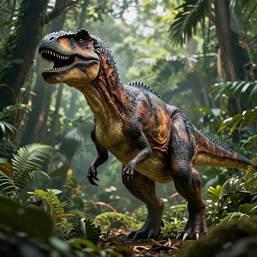 Photorealistic CGI of a large, detailed, orange and black-striped Tyrannosaurus rex standing in a lush, sunlit jungle with dense foliage