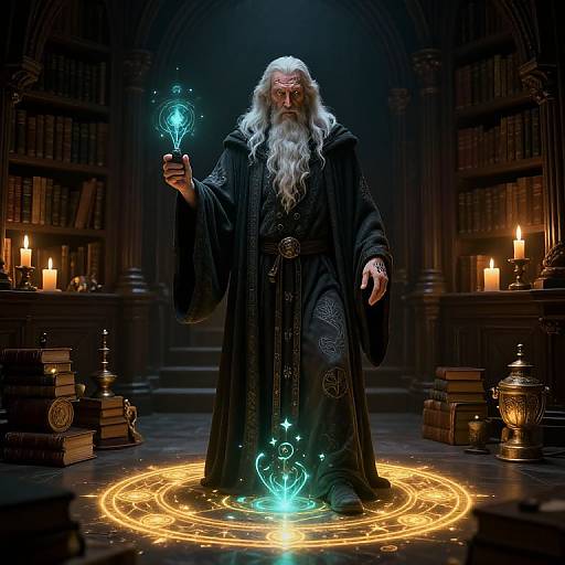 Photorealistic digital artwork of an elderly wizard with a long white beard, black robe, glowing blue magic, and candles in a dimly lit library