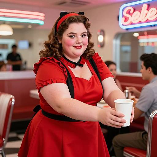 Photograph of a curvy, fair-skinned woman with red curly hair, wearing a vintage red dress with black bows, holding a white cup,