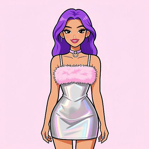 Digital illustration of a beautiful woman with long purple hair, wearing a silver, strapless, furry-trimmed dress, white background.