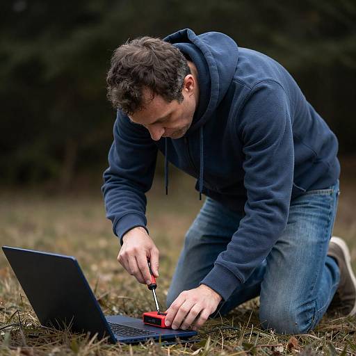 Focused Man Working Outdoors with Device