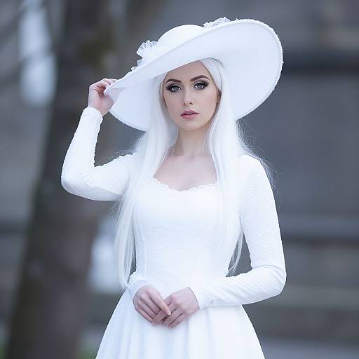Photograph of a pale-skinned woman with long white hair, wearing a white dress and large white hat, standing outdoors against a blurred gray background.