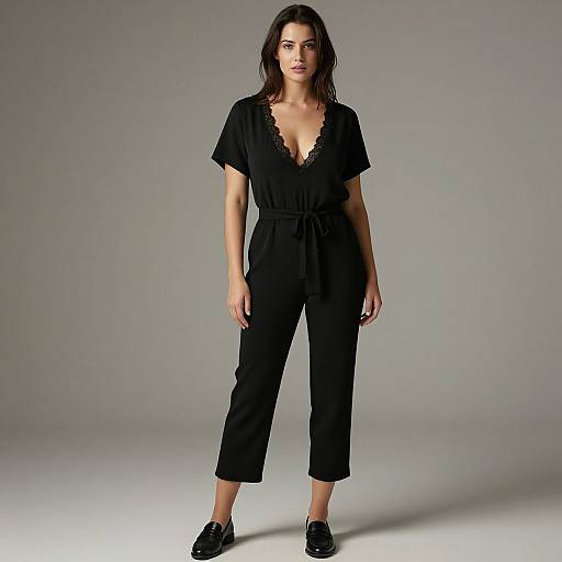 Photograph of a woman with wet, dark brown hair wearing a black, deep V-neck romper and black sneakers, standing against a plain gray background