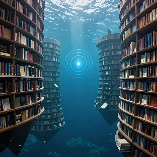Digital artwork: Two towering, cylindrical bookshelves filled with books underwater, converging towards a glowing blue orb in a sunlit, blue ocean.