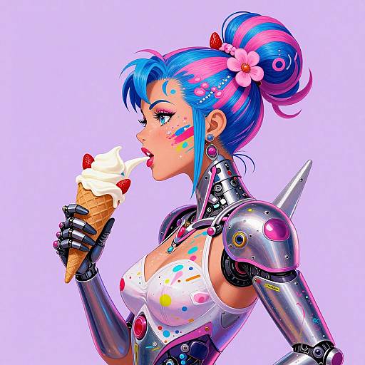 Digital art of a vibrant, cyberpunk-style woman with blue and pink hair, eating an ice cream cone with colorful face paint, wearing a shiny,