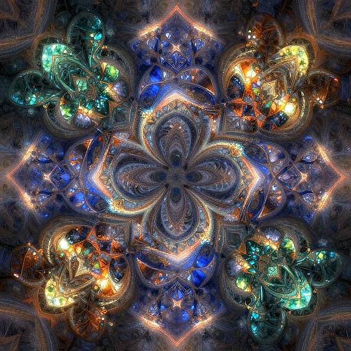 Vibrant, symmetrical digital fractal artwork with glowing blue, green, orange, and yellow patterns radiating from a central, intricate flower-like