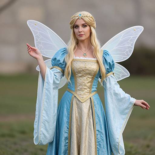 Photograph of a blonde woman in a blue and gold fairy princess costume with white wings, standing outdoors against a blurred background.