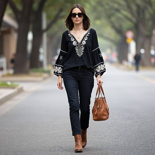 Photograph of a woman in black embroidered blouse, black jeans, brown boots, carrying brown handbag, walking on tree-lined street.
