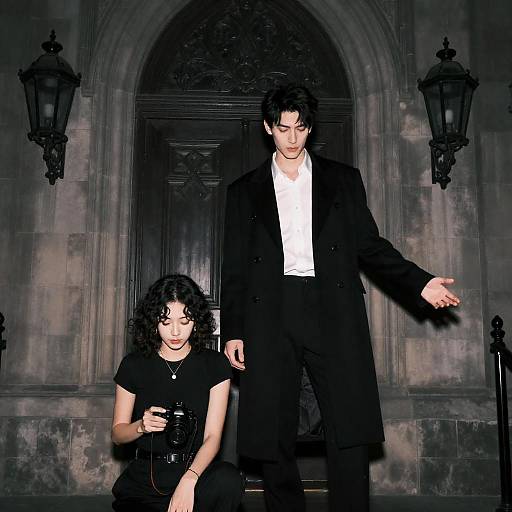 Two People in Gothic Building at Night